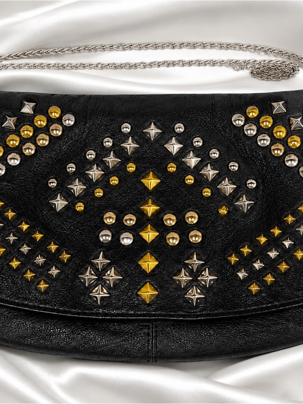 ✨ Vintage OSOS Leather Studded Clutch – Long Chain, Black, 1980s Punk Glam
